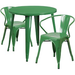 30" Round Green Metal Indoor-Outdoor Table Set with 2 Arm Chairs