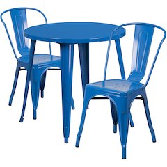 30" Round Blue Metal Indoor-Outdoor Table Set with 2 Cafe Chairs