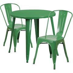 30" Round Green Metal Indoor-Outdoor Table Set with 2 Cafe Chairs