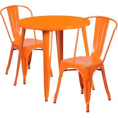 30" Round Orange Metal Indoor-Outdoor Table Set with 2 Cafe Chairs