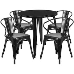 30" Round Black Metal Indoor-Outdoor Table Set with 4 Arm Chairs