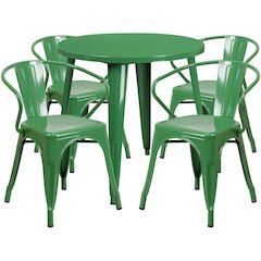 30" Round Green Metal Indoor-Outdoor Table Set with 4 Arm Chairs
