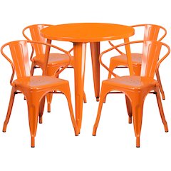 30" Round Orange Metal Indoor-Outdoor Table Set with 4 Arm Chairs