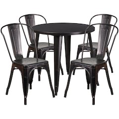 30" Round Black-Antique Gold Metal Indoor-Outdoor Table Set with 4 Cafe Chairs
