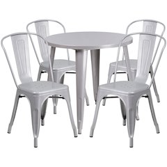 30" Round Silver Metal Indoor-Outdoor Table Set with 4 Cafe Chairs