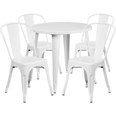 30" Round White Metal Indoor-Outdoor Table Set with 4 Cafe Chairs