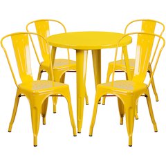 Commercial Grade 30" Round Yellow Metal Indoor-Outdoor Table Set with 4 Cafe Chairs