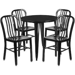 Commercial Grade 30" Round Black Metal Indoor-Outdoor Table Set with 4 Vertical Slat Back Chairs