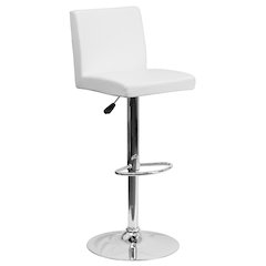 Contemporary White Vinyl Adjustable Height Barstool with Panel Back and Chrome Base