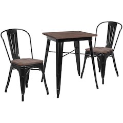 23.5" Square Black Metal Table Set with Wood Top and 2 Stack Chairs