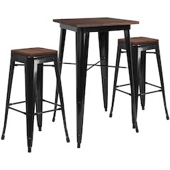 3.5" Square Black Metal Bar Table Set with Wood Top and 2 Backless Stools