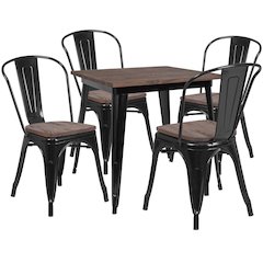 31.5" Square Black Metal Table Set with Wood Top and 4 Stack Chairs
