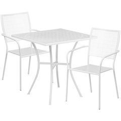 28" Square White Indoor-Outdoor Steel Patio Table Set with 2 Square Back Chairs