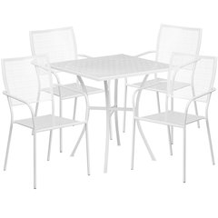 28" Square White Indoor-Outdoor Steel Patio Table Set with 4 Square Back Chairs