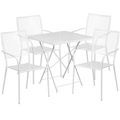Commercial Grade 28" Square White Indoor-Outdoor Steel Folding Patio Table Set with 4 Square Back Chairs