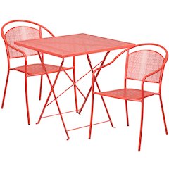 Commercial Grade 28" Square Coral Indoor-Outdoor Steel Folding Patio Table Set with 2 Round Back Chairs