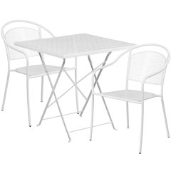 28" White Indoor-Outdoor Steel Folding Patio Table Set with 2 Round Back Chairs