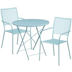 30" Round Sky Blue Indoor-Steel Folding Patio Table Set with 2 Back Chairs
