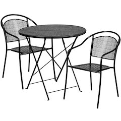 30" Round Black Indoor-Steel Folding Patio Table Set with 2 Round Back Chairs