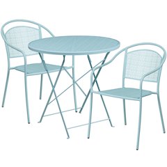 30" Round Sky Blue Indoor-Steel Folding Patio Table Set with 2 Round Back Chairs