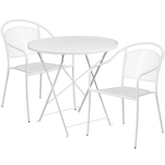 30" Round White Indoor-Steel Folding Patio Table Set with 2 Round Back Chairs
