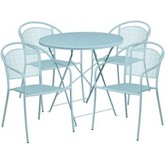 30" Round Sky Blue Indoor-Steel Folding Patio Table Set with 4 Round Back Chairs