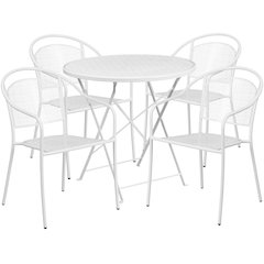 30" Round White Indoor-Steel Folding Patio Table Set with 4 Round Back Chairs