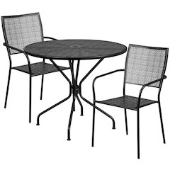 35.25" Round Black Indoor-Outdoor Steel Patio Table Set with 2 Back Chairs