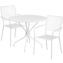 Commercial Grade 35.25" Round White Indoor-Outdoor Steel Patio Table Set with 2 Square Back Chairs