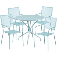 35.25" Round Sky Blue Indoor-Outdoor Steel Patio Table Set with 4 Back Chairs