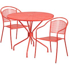 35.25" Round Coral Indoor-Outdoor Steel Patio Table Set with 2 Round Back Chairs