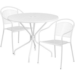 35.25" Round White Indoor-Outdoor Steel Patio Table Set with 2 Round Back Chairs