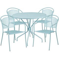 35.25" Round Sky Blue Indoor-Steel Patio Table Set with 4 Round Back Chairs