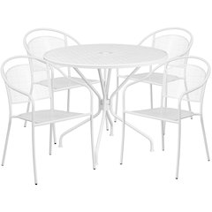 35.25" Round White Indoor-Outdoor Steel Patio Table Set with 4 Round Back Chairs