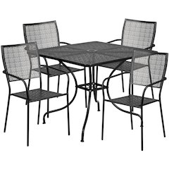 Commercial Grade 35.5" Square Black Indoor-Outdoor Steel Patio Table Set with 4 Square Back Chairs