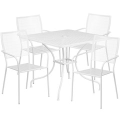 Commercial Grade 35.5" Square White Indoor-Outdoor Steel Patio Table Set with 4 Square Back Chairs