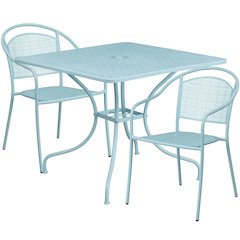 35.5" Sky Blue Indoor-Outdoor Steel Patio Table Set with 2 Round Back Chairs