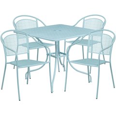 Commercial Grade 35.5" Square Sky Blue Indoor-Outdoor Steel Patio Table Set with 4 Round Back Chairs
