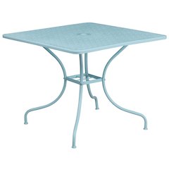35.5" Square Sky Blue Indoor-Outdoor Steel Patio Table with Umbrella Hole