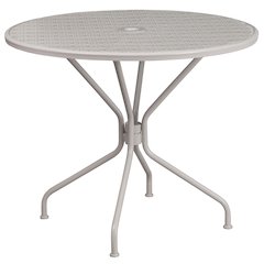 35.25" Round Light Gray Indoor-Outdoor Steel Patio Table with Umbrella Hole