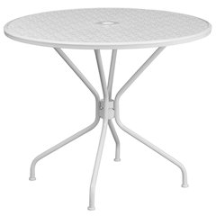 35.25" Round White Indoor-Outdoor Steel Patio Table with Umbrella Hole