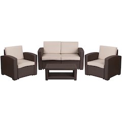 4 Piece Faux Rattan Chair, Loveseat and Table Set in Seneca Chocolate Brown