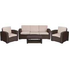 4 Piece Outdoor Faux Rattan Chair, Sofa and Table Set in Seneca Chocolate Brown