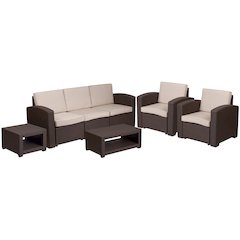 5 Piece Outdoor Faux Rattan Chair, Sofa and Table Set in Seneca Chocolate Brown