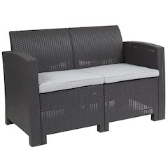 Dark Gray Faux Rattan Loveseat with All-Weather Seneca Light Gray Cushions