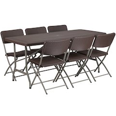 5.62-Foot Brown Rattan Indoor-Outdoor Plastic Folding Table Set with 6 Chairs