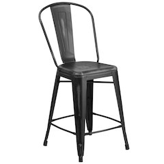 24" High Distressed Black Metal Indoor-Outdoor Counter Height Stool with Back