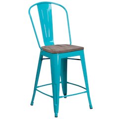 24" High Crystal Teal-Blue Metal Counter Height Stool with Back and Wood Seat
