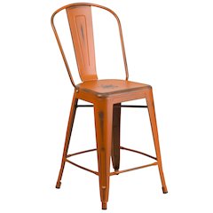 Commercial Grade 24" High Distressed Orange Metal Indoor-Outdoor Counter Height Stool with Back