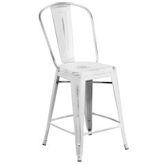 Commercial Grade 24" High Distressed White Metal Indoor-Outdoor Counter Height Stool with Back